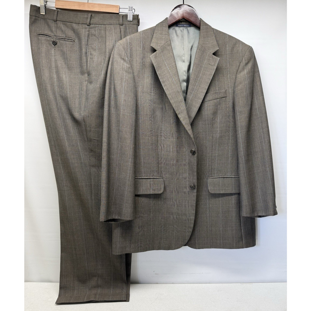 VTG LL Bean Suit Mens 42 Reg Brown Plaid Wool w/ Pleated & Cuffed Pants 37x30